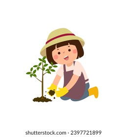 Cartoon little girl planting young tree