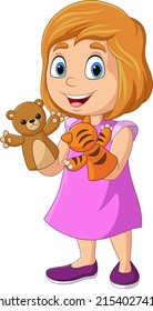 Cartoon little girl playing animals puppet