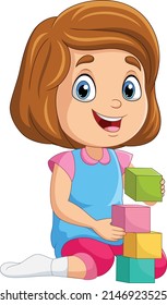 Cartoon little girl playing with building blocks