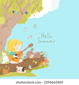 Cartoon Little Girl playing Guitar with Animals in the Forest