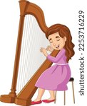 Cartoon little girl playing harp