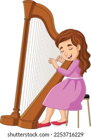 Cartoon little girl playing harp