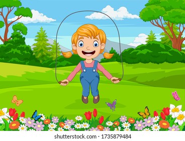 Cartoon little girl playing jump rope in the park