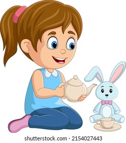 Cartoon little girl playing rabbit doll