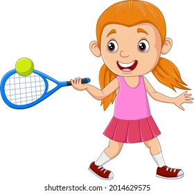 Cartoon Little Girl Playing Tennis Stock Vector (Royalty Free ...