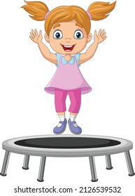 Cartoon Little Girl Playing Trampoline