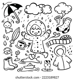 cartoon little girl playing under the rain in sketchy hand drawn style illustration