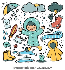 cartoon little girl playing under the rain in sketchy hand drawn style illustration