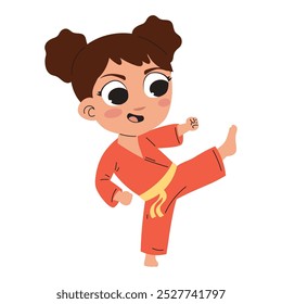 Niña de dibujos animados practicando karate aislado