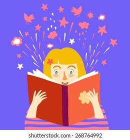  Cartoon little girl reading big book. Vector illustration.