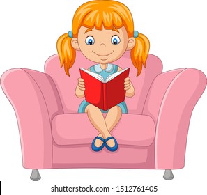 Cartoon Little Girl Reading A Book Sitting On Sofa