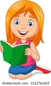 Cartoon little girl reading a book