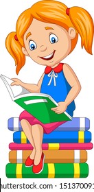 Cartoon Little Girl Reading A Book On The Pile Books