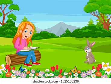 Cartoon little girl reading a book in the park