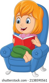 Cartoon little girl reading a book sitting on sofa