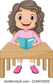 Cartoon little girl reading a book on the desk