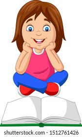 Cartoon little girl reading open book sitting on floor