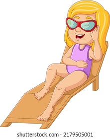 Cartoon little girl relaxing on beach chair