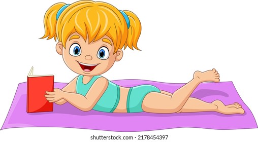 Cartoon little girl relaxing and reading a book on a towel