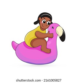 Cartoon Little Girl Riding At Duck Toy Against White Background.