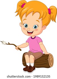 Cartoon little girl roasting marshmallow