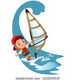 Cartoon little girl sailing in ocean wearing lifejacket