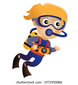 Cartoon little girl scuba diver. Marine photography or shooting. Underwater world. Colorful vector illustration for kids.