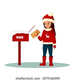 Cartoon little girl sending a letter to santa claus through the mailbox. Winter illustration isolated on white background