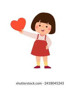 Cartoon little girl showing red heart. Valentines Day concept.