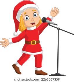 Cartoon little girl singing in christmas costume