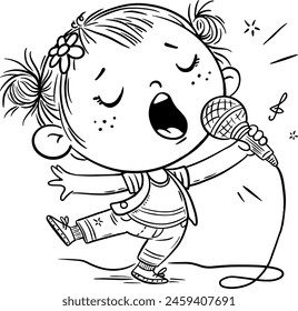 Cartoon little girl sings a song emotionally into a microphone, isolated outline vector illustration