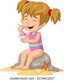 Caricatura de una niña sentada y comiendo un helado