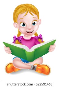 A cartoon little girl sitting crossed legged enjoying reading a book