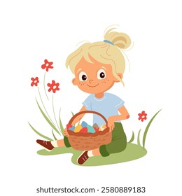 Cartoon little girl sitting in meadow with basket of easter eggs. Kid hunting for Easter eggs during holiday festivities. Perfect kids character vector design for typography, cards, flyers, invitation