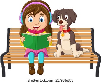 Cartoon little girl sitting and reading a book on a park bench with her dog