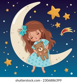 Cartoon little girl sleeping on the crescent moon. Vector illustration.