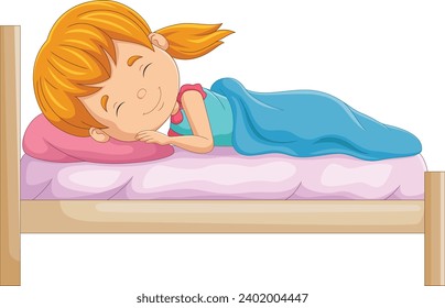 Cartoon little girl sleeping on the bed