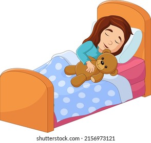 Cartoon little girl sleeping with stuffed bear