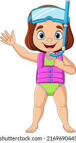 Cartoon little girl with snorkeling gear