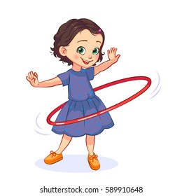 Cartoon Little Girl Spins The Hula Hoop Around The Waist. Children's Active Games Vector Illustration.