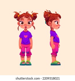 Cartoon little girl standing front and profile side view, game animation character illustration. Cute child with red hair, freckled face wearing colorful summer clothing. Funny preschool kid