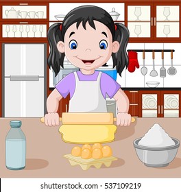 Cartoon little girl stretching the dough