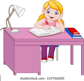 Cartoon little girl studying