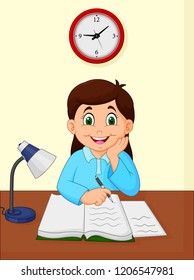 Cartoon little girl a studying