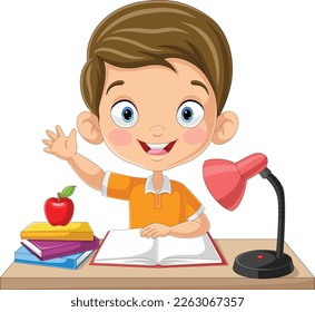 Cartoon little girl studying on the desk