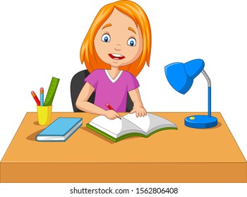 Cartoon little girl studying and writing