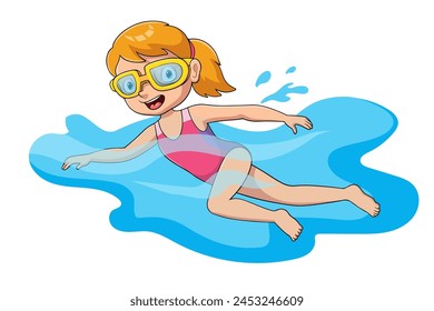 Niña nadadora de dibujos animados en la piscina