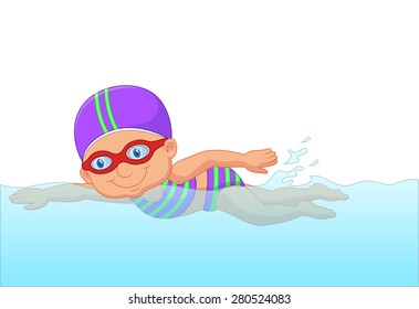 Cartoon little girl swimmer in the swimming pool