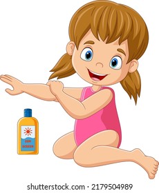 Cartoon little girl in a swimsuit applying sunscreen lotion on her arm