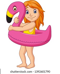 Cartoon little Girl in a swimsuit with inflatable flamingo